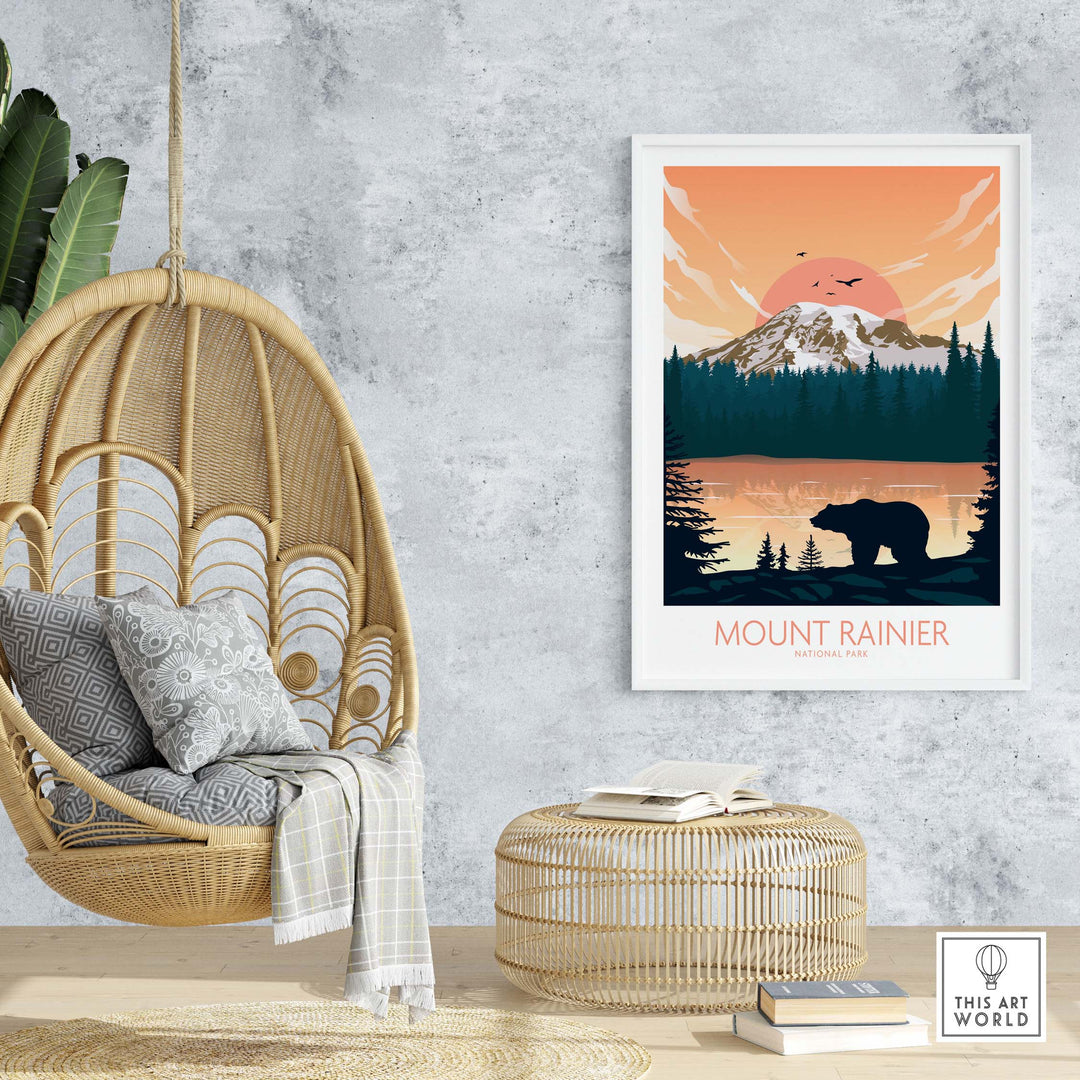 Mount Rainier poster featuring a bear and sunset, displayed in a cozy living room with a hanging chair.