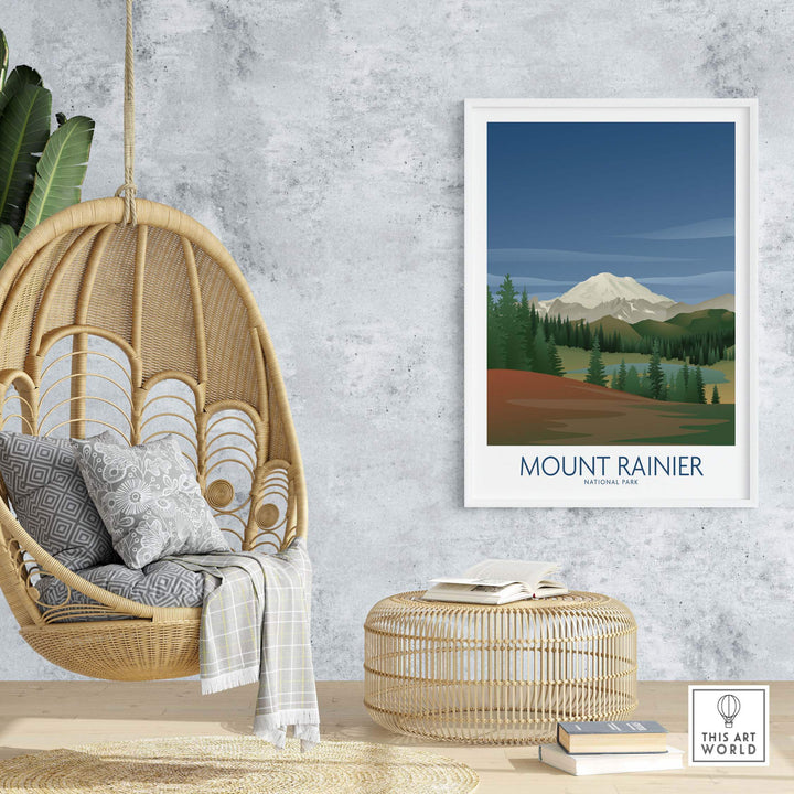 Mount Rainier National Park art print displayed in a cozy home setting with a hanging chair and natural decor.