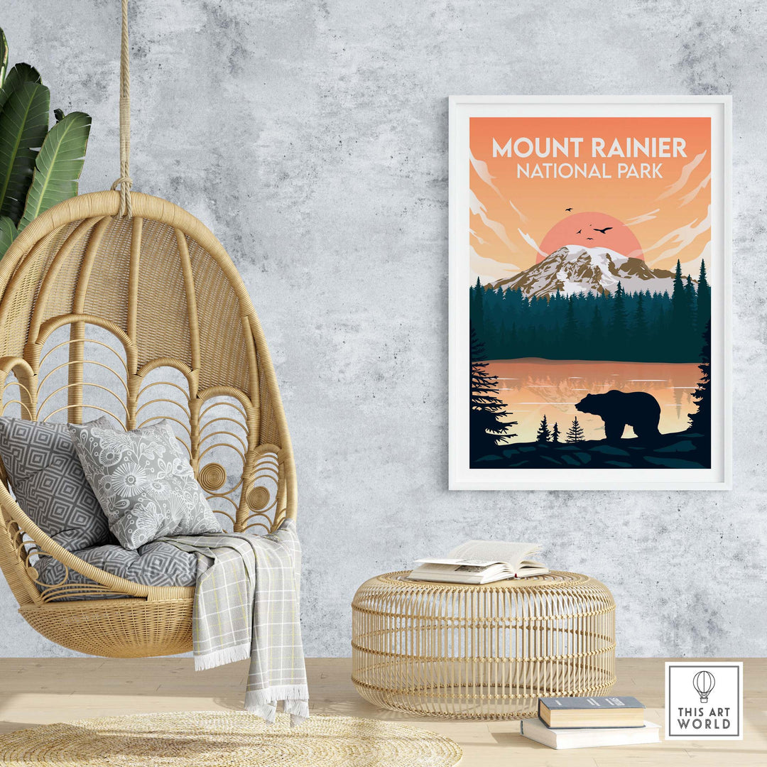 Mount Rainier National Park poster featuring a bear, framed art in a cozy space with a hanging chair and natural decor.