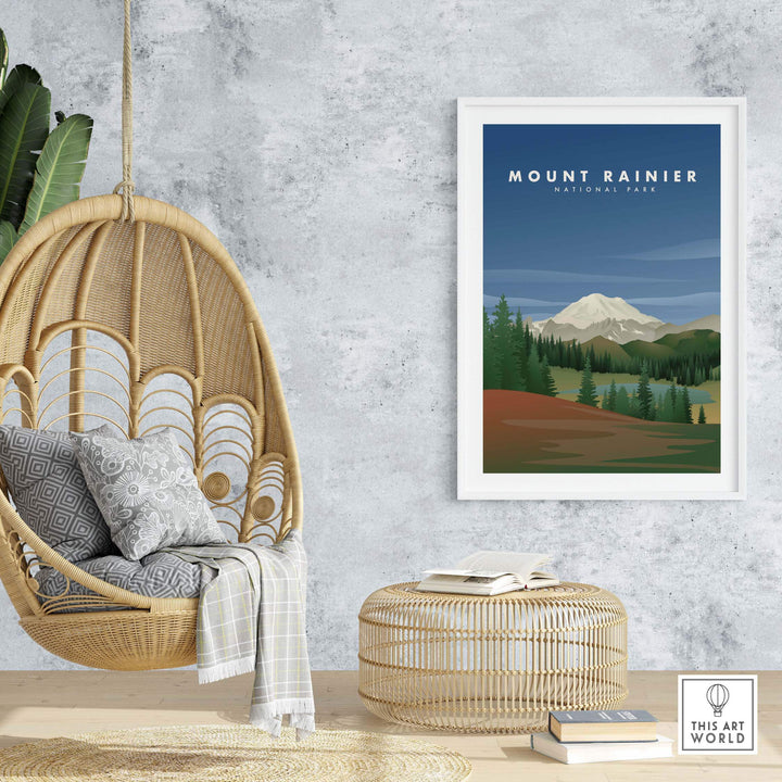 Mount Rainier National Park art print in a stylish home setting with woven chair and decorative elements.
