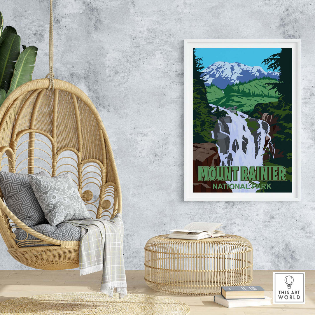 Mount Rainier National Park print featuring mountains and a waterfall in a stylish home decor setting.