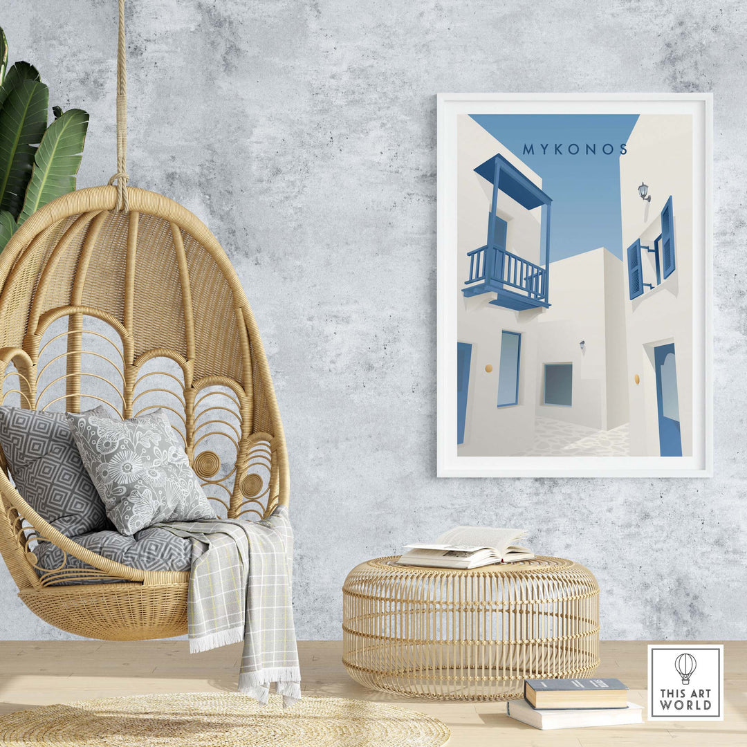 Mykonos wall art poster displayed in a stylish living room with a hanging chair and natural decor.