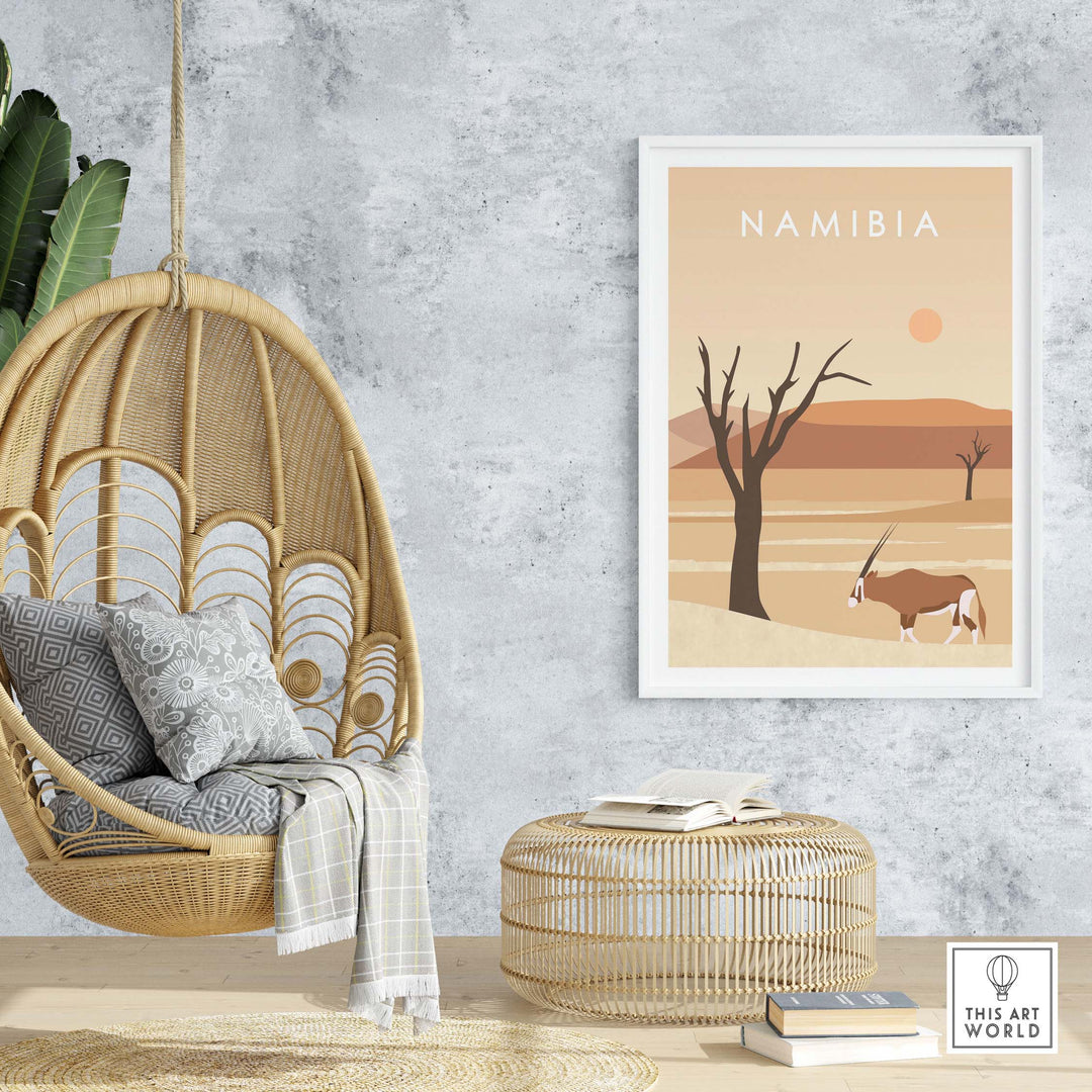 Namibia Print Dunes Poster in a stylish home setting with a woven chair and decor.