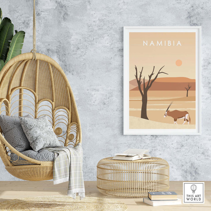 Namibia Print Dunes Poster in a stylish home setting with a woven chair and decor.