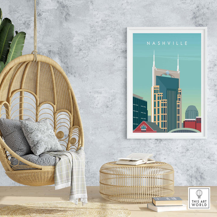 Nashville Art Print displayed in a stylish home setting with a hanging chair and modern decor.