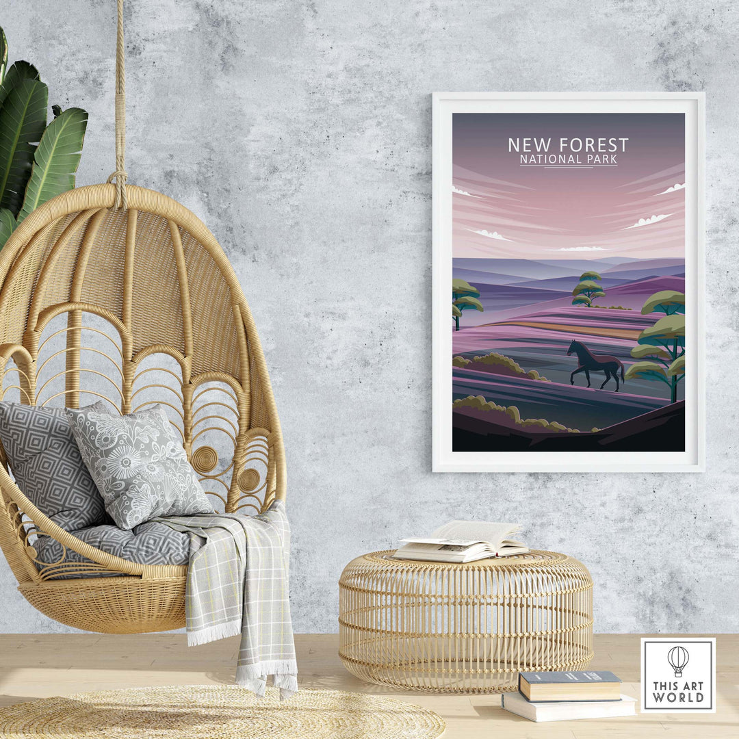 New Forest National Park poster in a stylish room with hanging chair and decorative elements.