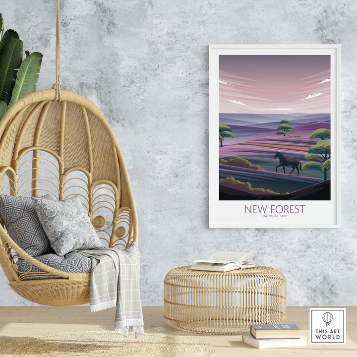 New Forest National Park art print displayed in a modern interior with a hanging chair and decorative elements.