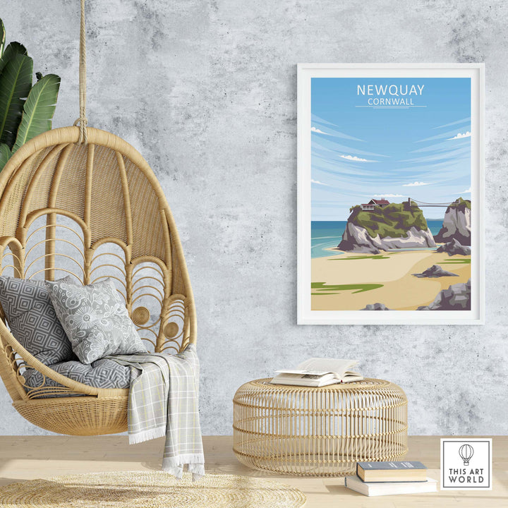 Newquay Print Cornwall Poster displayed in a stylish interior with hanging chair and natural decor.