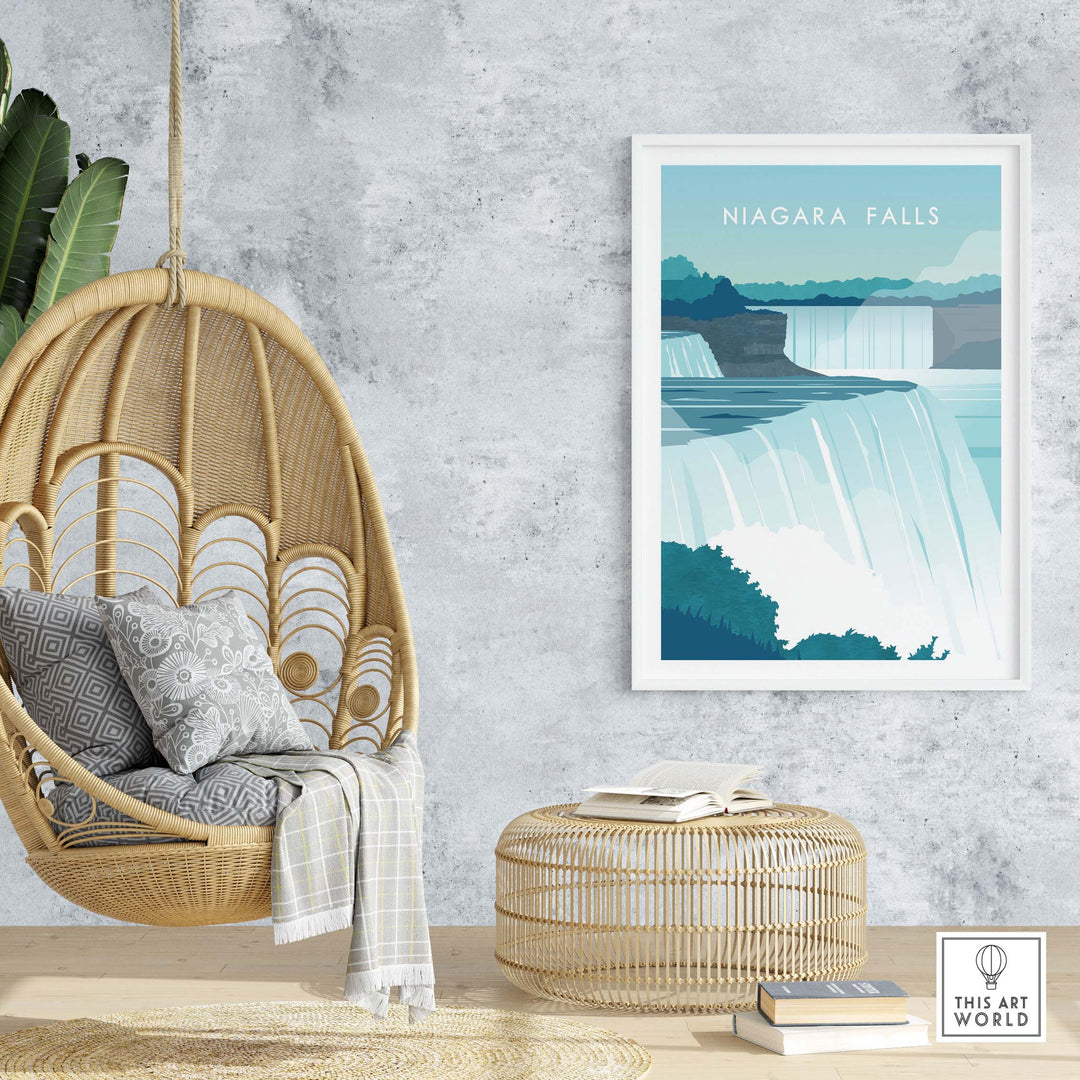 Niagara Falls Print Wall Art Poster displayed in a cozy modern setting with a hanging chair and stylish decor.