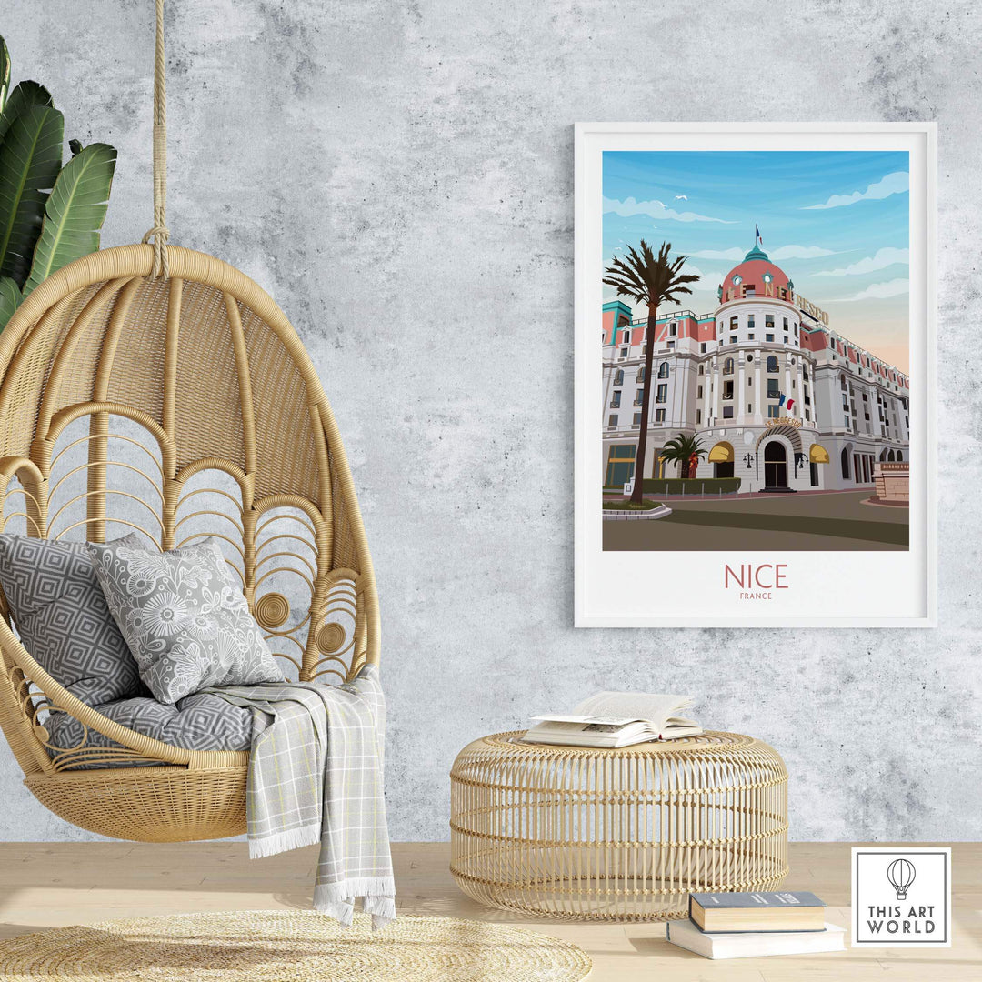 Nice France travel print displayed in a cozy living space with a hanging chair and natural decor.