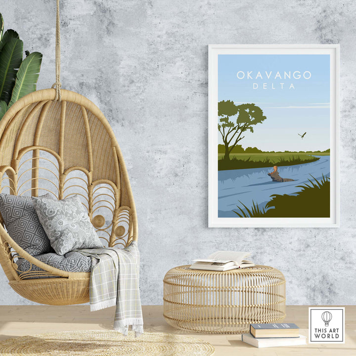 Okavango Botswana print displayed in a stylish home setting with a hanging chair and decorative elements.