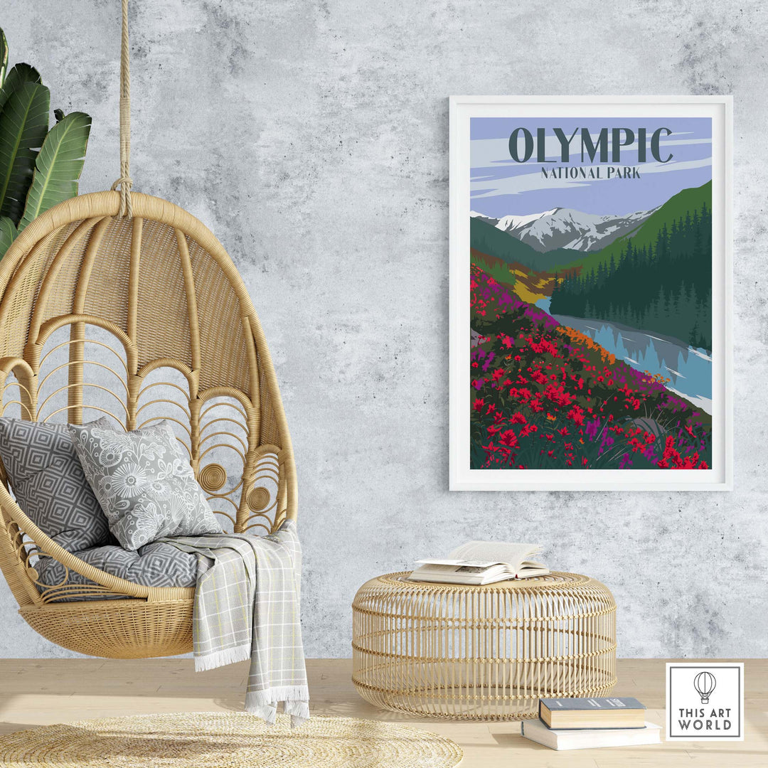 Olympic National Park poster displayed in a stylish interior with hanging chair and decorative elements.