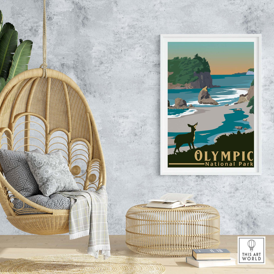 Olympic National Park print displayed in a stylish living room with hanging chair and coastal scenery.