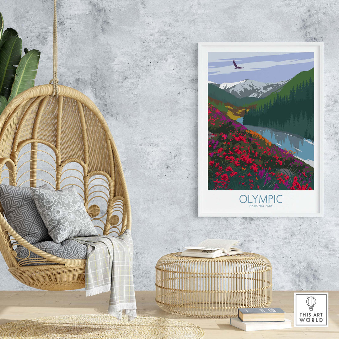 Olympic National Park poster art print displayed in a modern interior with hanging chair and natural decor.