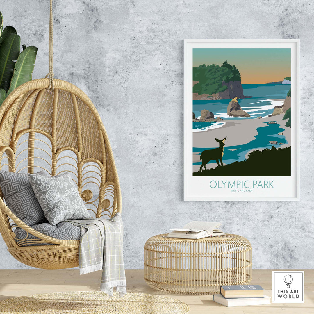 Olympic National Park wall art featuring a deer and scenic coastal view, perfect for nature lovers and home decor.