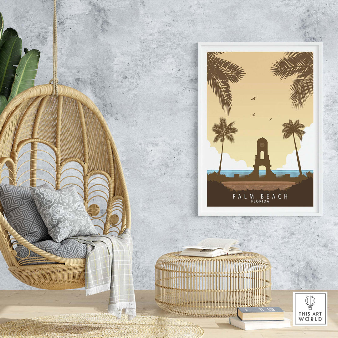 Palm Beach Florida print in minimalist style, featuring palm trees and vintage travel poster design.