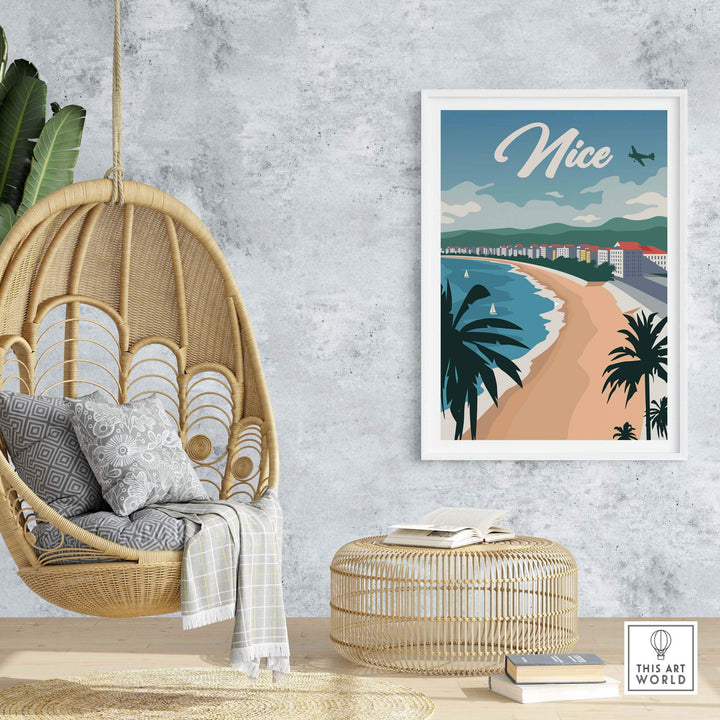 Nice France poster wall art print in a stylish interior setting with hanging chair and decor.