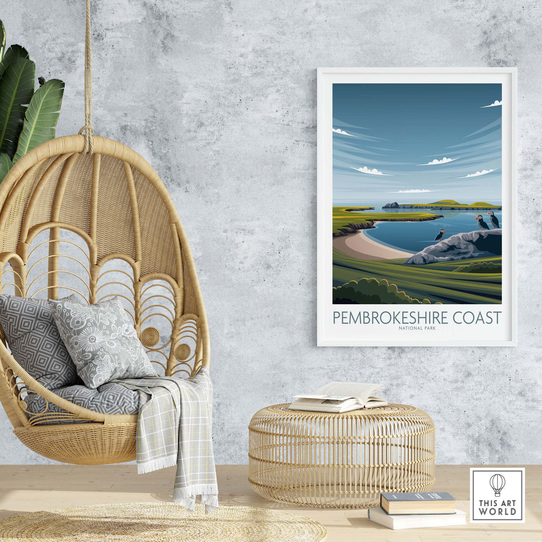 Modern minimalist Pembrokeshire Coast print poster displayed in a stylish home setting with hanging chair and decor.