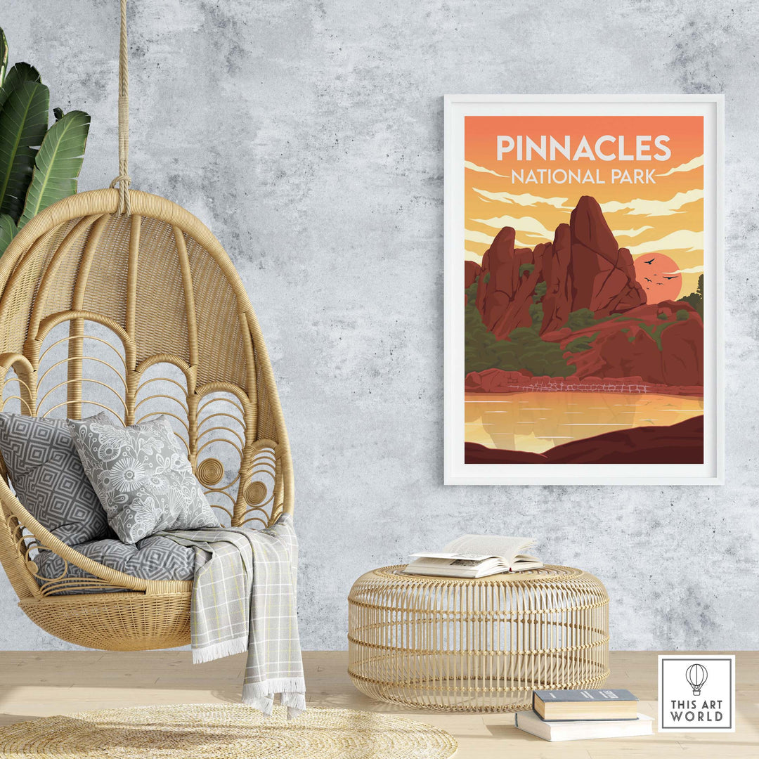 Pinnacles National Park poster displayed in a stylish home setting with a hanging chair.