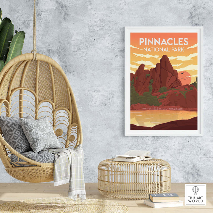 Pinnacles National Park poster displayed in a stylish home setting with a hanging chair.