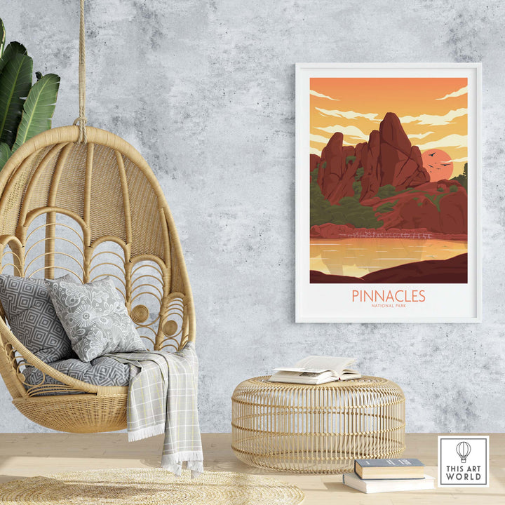 Pinnacles National Park art print hanging in a cozy setting featuring minimalist design and warm sunset colors.