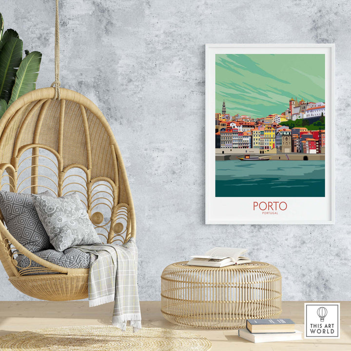 Porto Portugal travel poster displayed in a stylish home interior with hanging chair and natural decor.