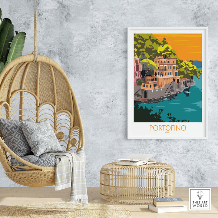 Portofino Print Travel Poster showcasing vibrant coastal scenery in a stylish home setting.
