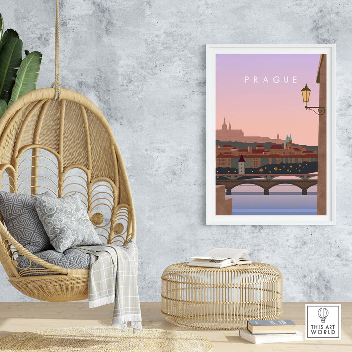 Prague Print Wall Art Poster displayed in a stylish interior with a hanging chair and modern decor.