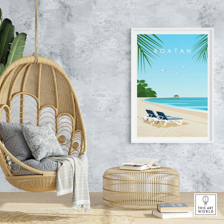 Roatan Art Print displayed in a stylish room with a hanging chair, showcasing a serene beach scene.
