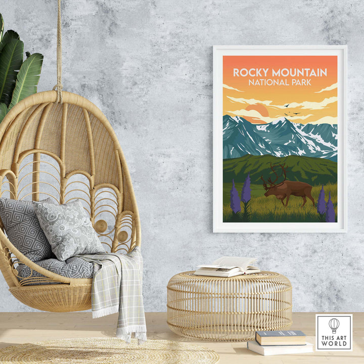 Rocky Mountain National Park print in a stylish home setting featuring mountains and wildlife.