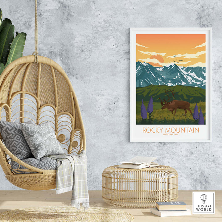 Rocky Mountain National Park art print featuring mountains and elk, perfect for home decor.