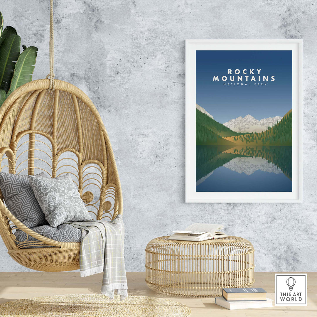 Rocky Mountains National Park minimalist art print in stylish interior decor, framed or unframed options available.