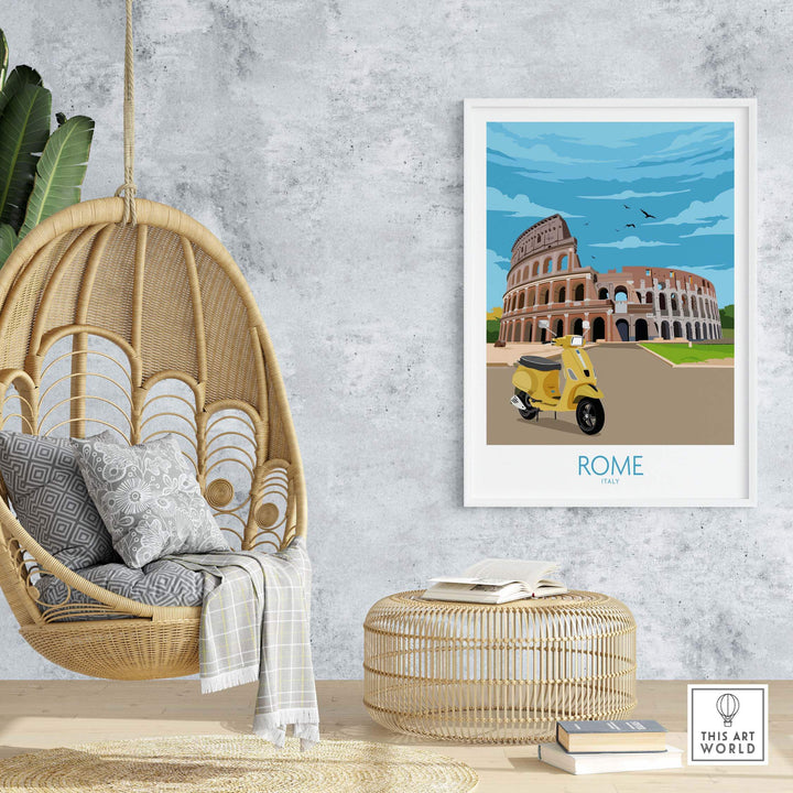 Rome travel poster print featuring the Colosseum and a vintage scooter in a stylish home setting.