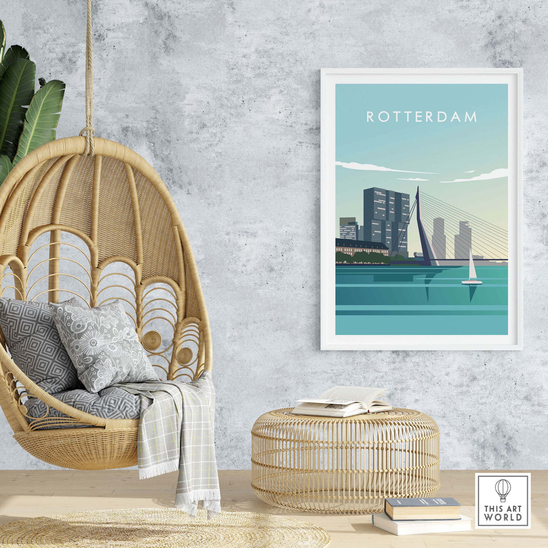 Stylish Rotterdam print wall art poster in modern living space with hanging chair.