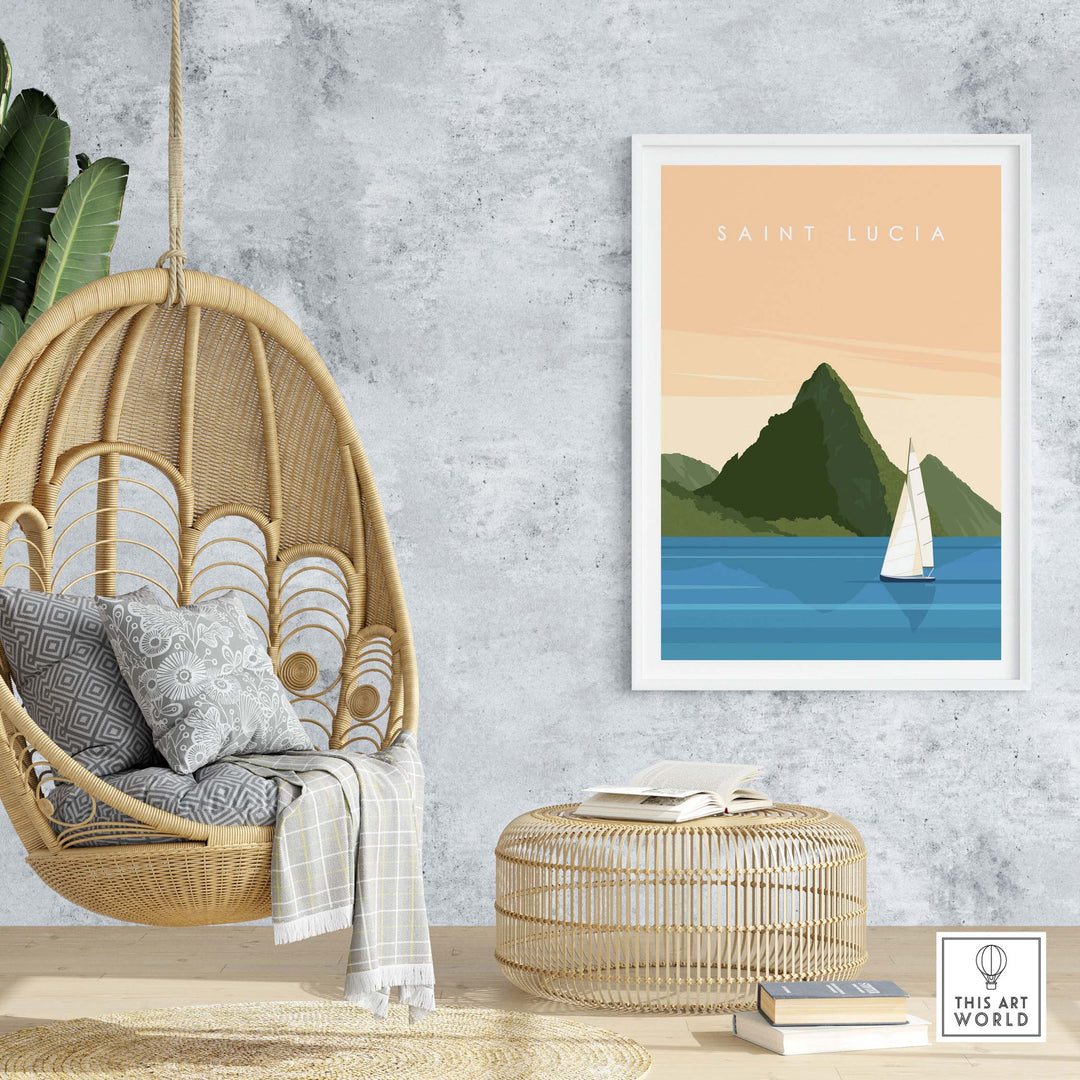 Saint Lucia wall art print in minimalist style, featuring a sailing boat and marine landscape, displayed in a stylish interior.