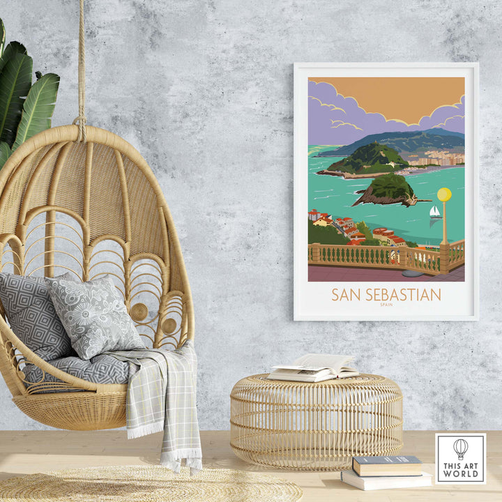 San Sebastian Poster Print displayed in a cozy room with a hanging chair and decorative elements, showcasing travel art.