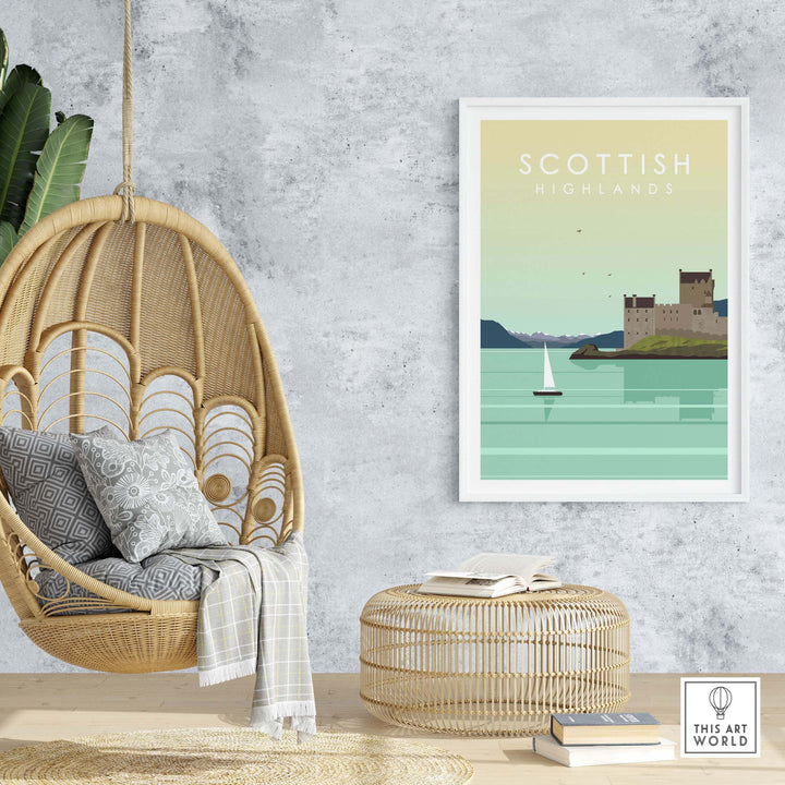 Scottish Highlands print wall art poster displayed in a cozy home setting with a hanging chair and natural decor.