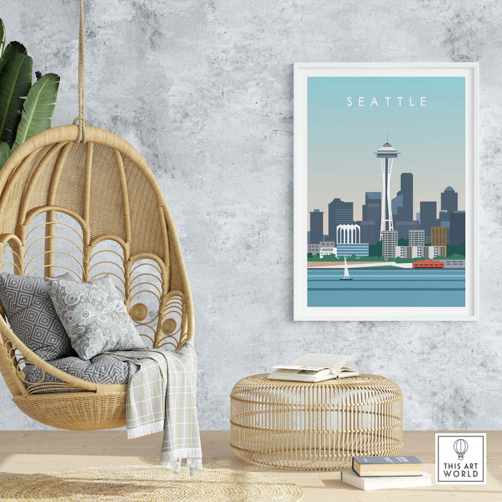 Seattle Print Wall Art Poster showcasing the iconic Space Needle in a stylish interior setting.