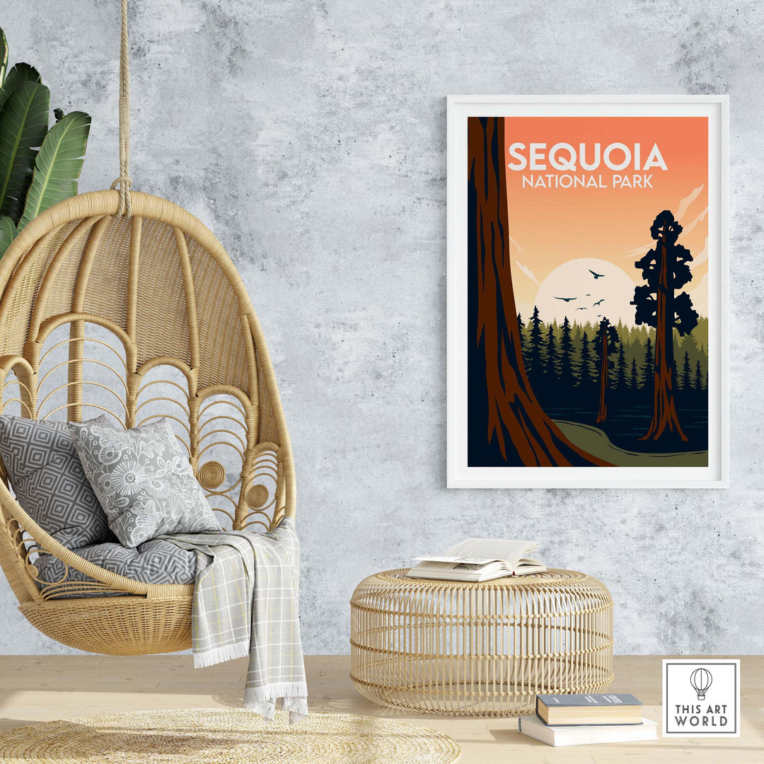 Sequoia National Park poster displayed in a stylish home setting with a hanging chair and decorative elements.