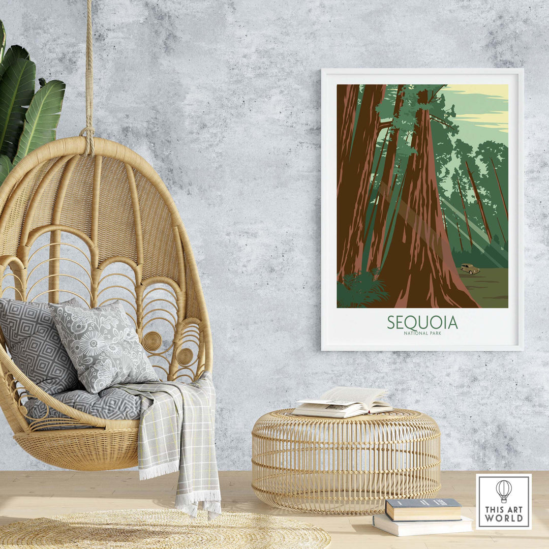 Sequoia National Park Poster Print displayed in a cozy living space with a swing chair and natural decor.