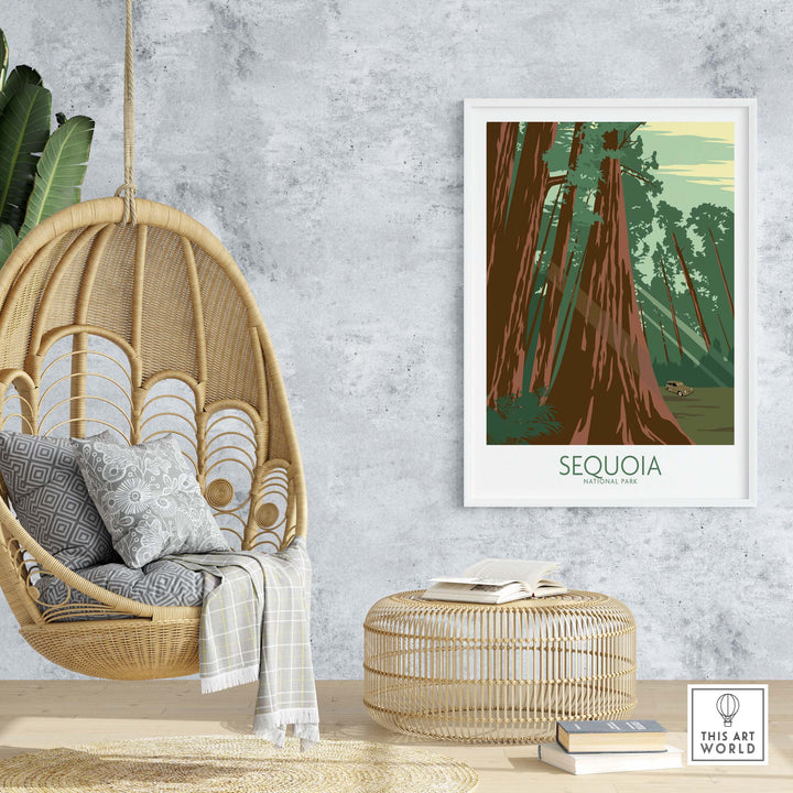 Sequoia National Park Poster Print displayed in a cozy living space with a swing chair and natural decor.