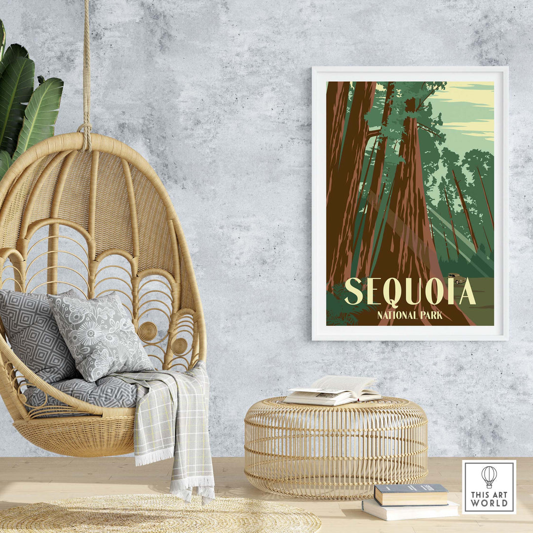 Sequoia National Park print hanging in a modern interior with a rattan chair and stylish decor.