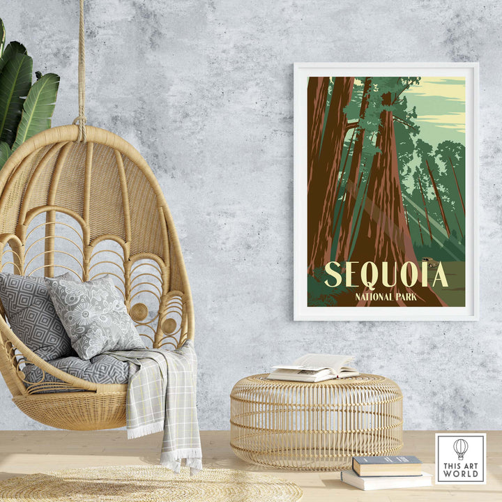Sequoia National Park print hanging in a modern interior with a rattan chair and stylish decor.
