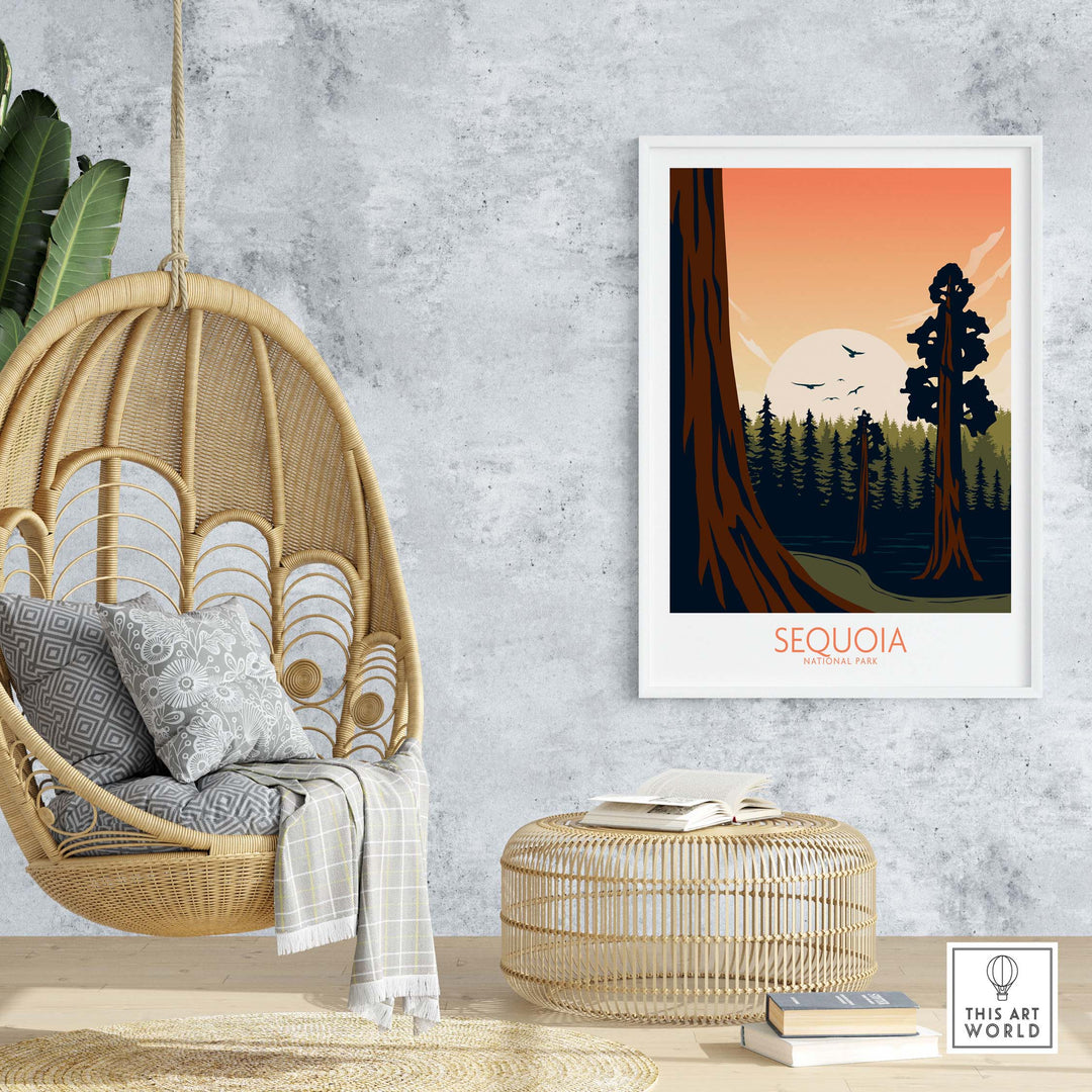 Sequoia National Park poster in a stylish interior setting with hanging chair and round ottoman.