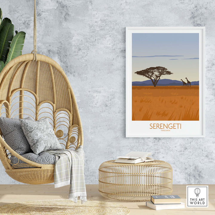 Serengeti National Park poster print wall art featuring giraffes and a tree in a stylish home interior.