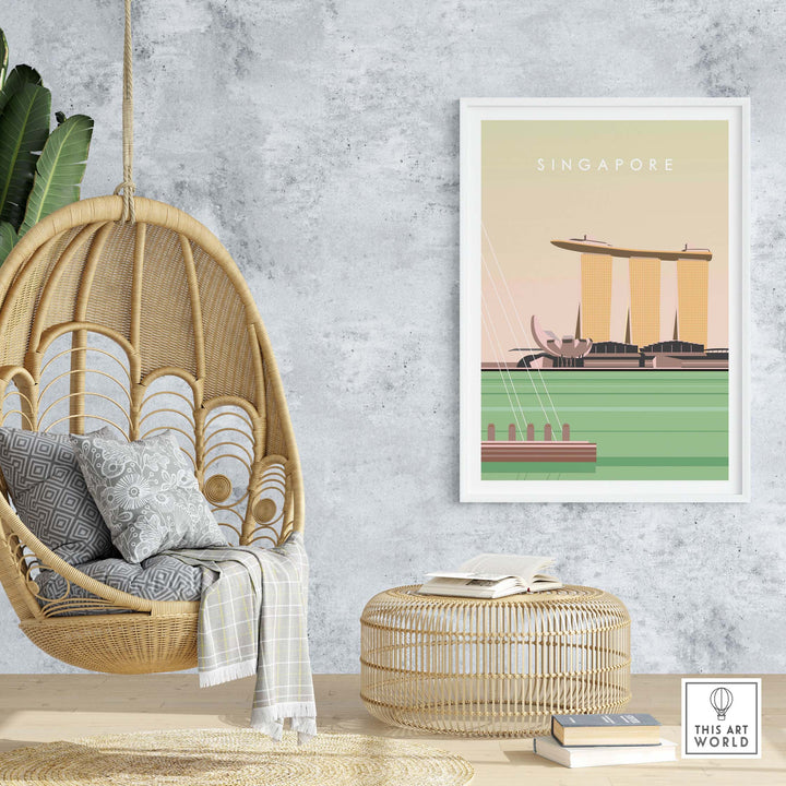 Singapore vintage poster print displayed in a stylish home setting with a hanging chair and decorative elements.