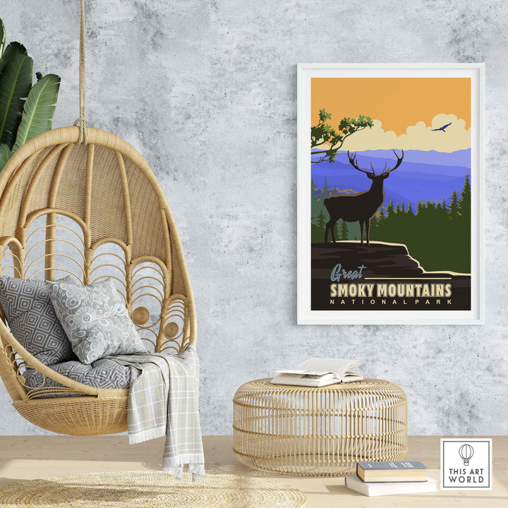 Great Smoky Mountains National Park poster featuring a deer against a colorful mountain backdrop, perfect for wall art.
