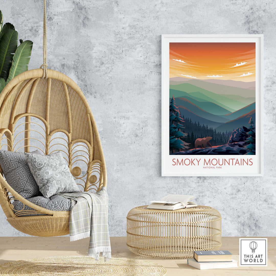 Smoky Mountains wall art poster in a modern home setting, featuring minimalist design and vibrant sunset colors.