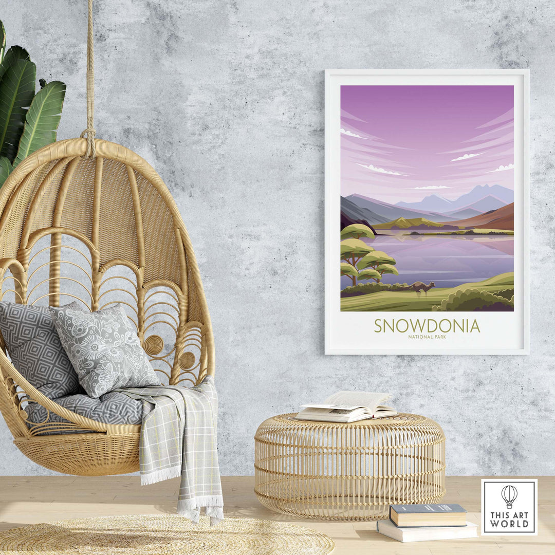 Snowdonia National Park art print displayed in a cozy living room with a hanging chair and natural decor.