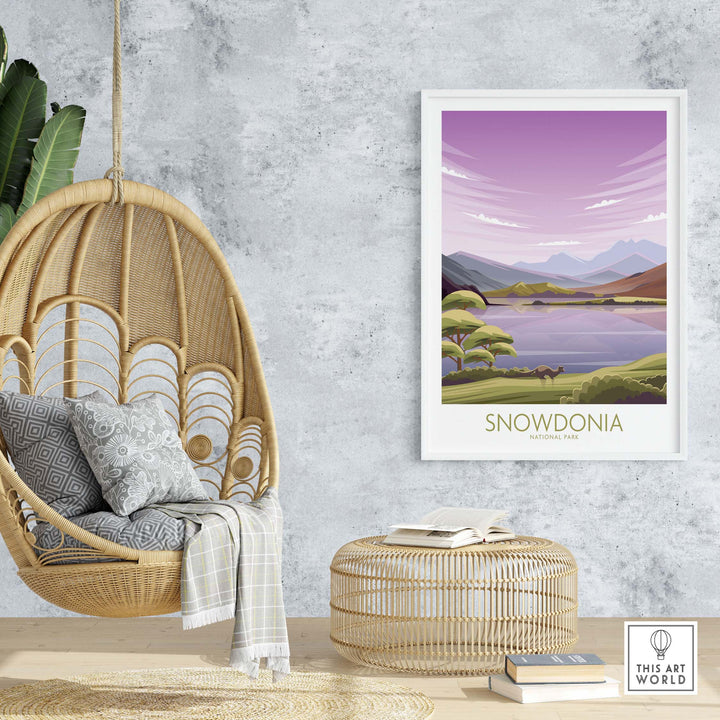 Snowdonia National Park art print displayed in a cozy living room with a hanging chair and natural decor.